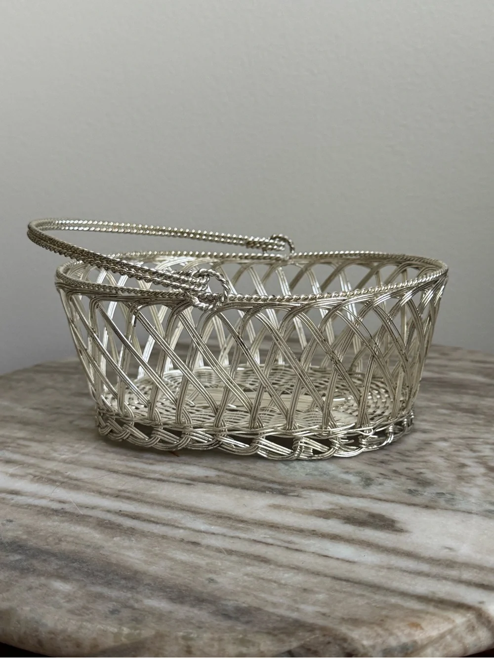 Vintage Silver Woven Metal Basket with Handle