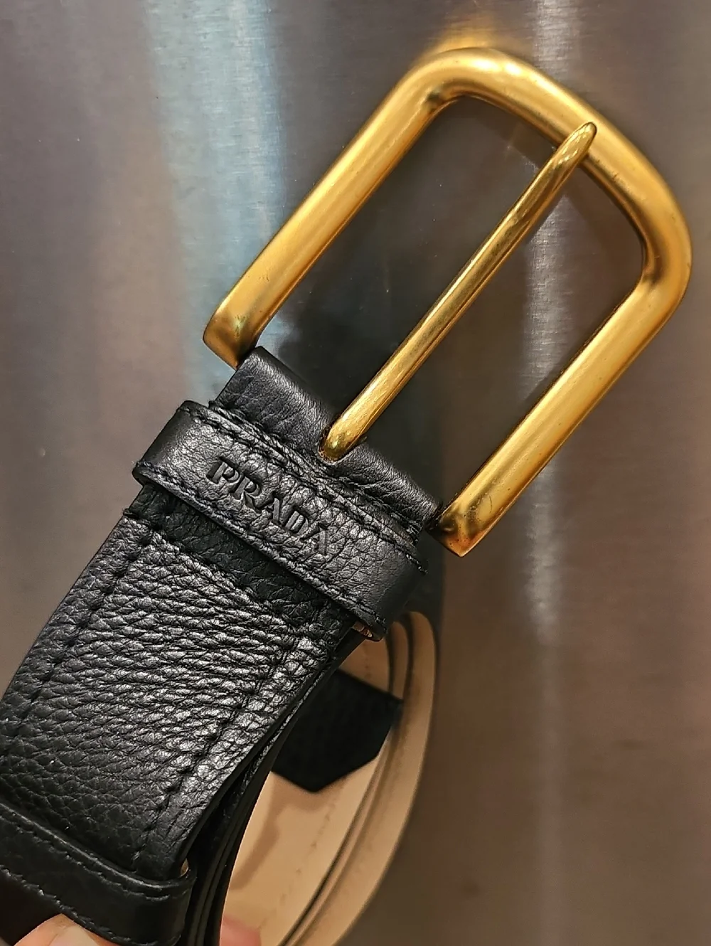 [NEW] PRADA Belt Black Pebbled Leather with Gold-Tone Buckle 90/36