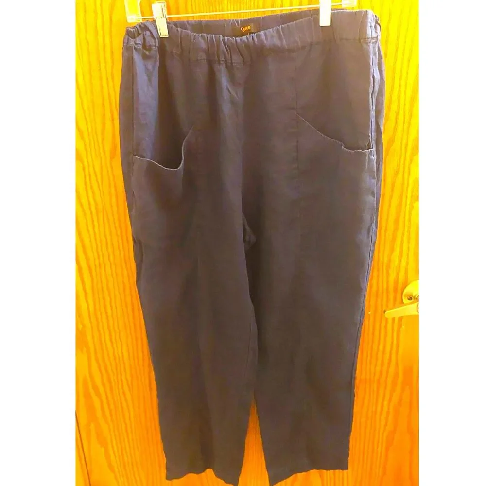 Quince 100% Linen Pull On Cropped Pants Women's Large Navy Blue Pockets