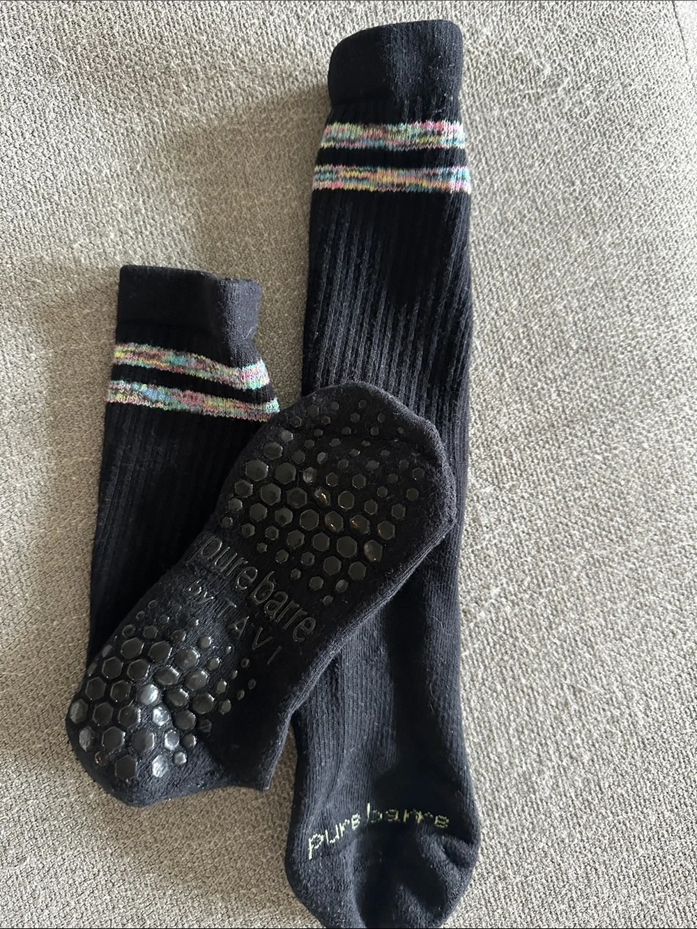 TAVI Pure Barre Black Grip Socks with Pastel Stripes