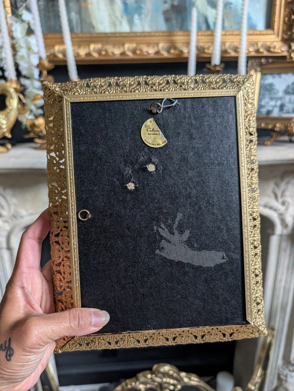 Vintage gold ornate filigree metal frame w/ vtg style Moody still floral print
