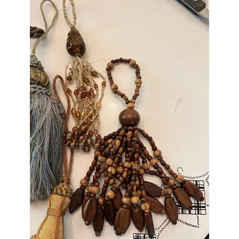 Lot Of 9 Decorative Tassels Attached Looped Cords 7 Lg. 1 All Beads 1 Wood Beads