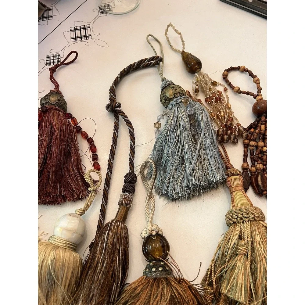 Lot Of 9 Decorative Tassels Attached Looped Cords 7 Lg. 1 All Beads 1 Wood Beads