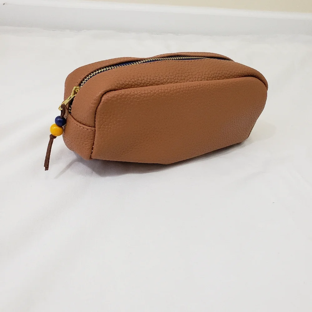 Faux Leather Tan Cognac Zippered Pouch Pencil Case Makeup Bag