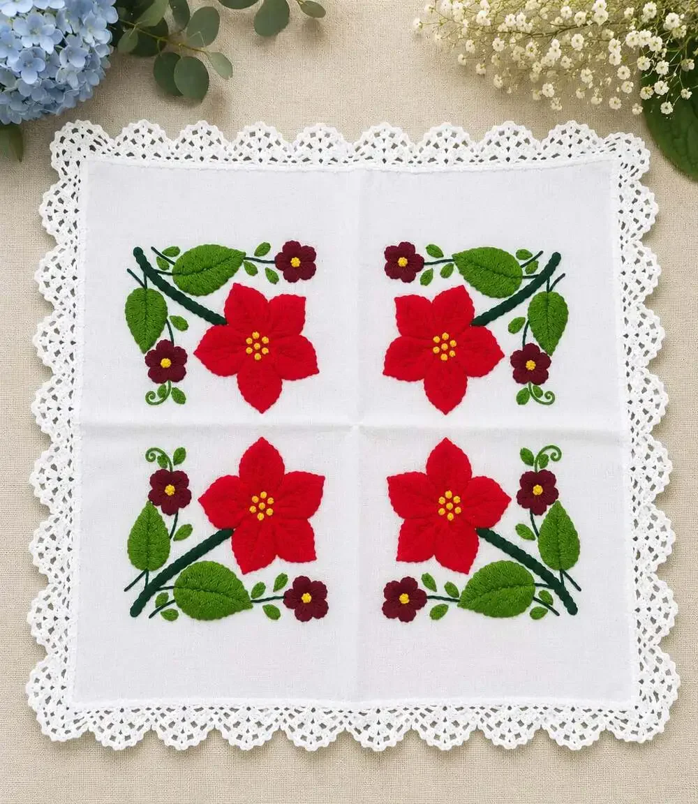 Vintage Handmade Mexican Embroidered Servilleta Floral Lace Trim 17x17