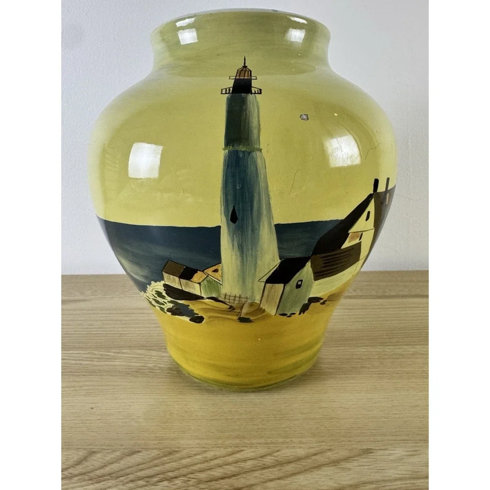 Hand Painted Lighthouse Ceramic Vase Coastal Nautical Seascape Large Yellow Blue