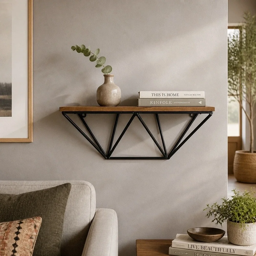 Floating Wall Shelf Home 18in Brown Black Geometric Industrial Modern Decor
