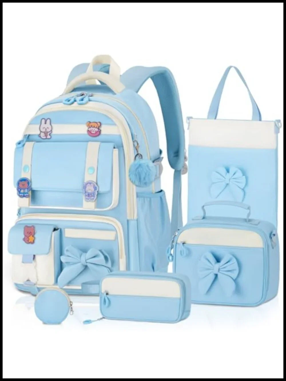 5pc Girls Backpack with Lunch Box Set, Kawaii Aesthetic Bookbag