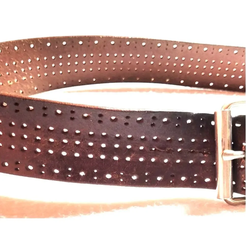 Guess Mens Brown Punched Wide Leather Belt Sz 40 Western Silvertone Buckle