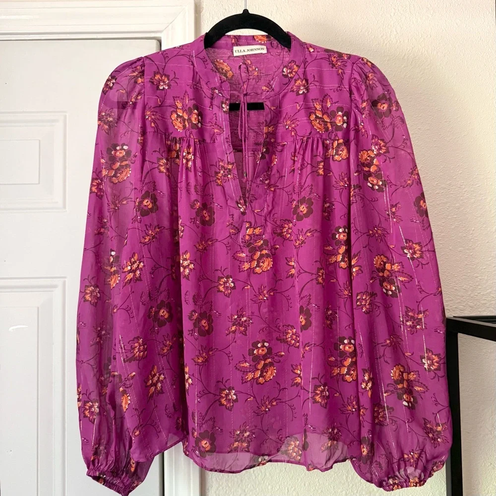 ULLA JOHNSON magenta‎ purple floral silk puff long sleeve blouse shirt top
