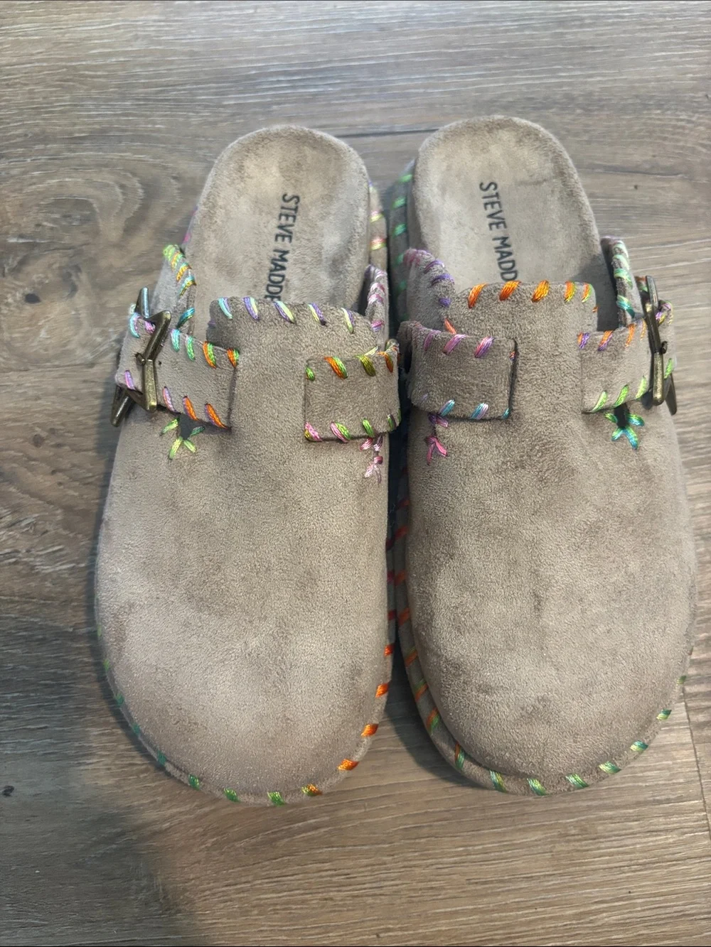 Steve Madden Kids Taupe Suede Slip-On Clogs with Multicolor Stitching