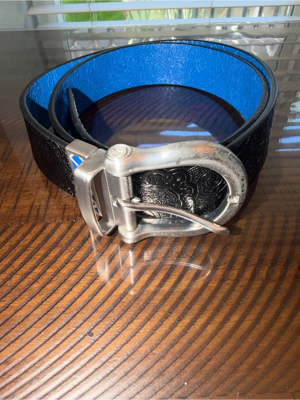 Robert Graham men’s Embossed Black Leather Belt with Bright Blue Lining