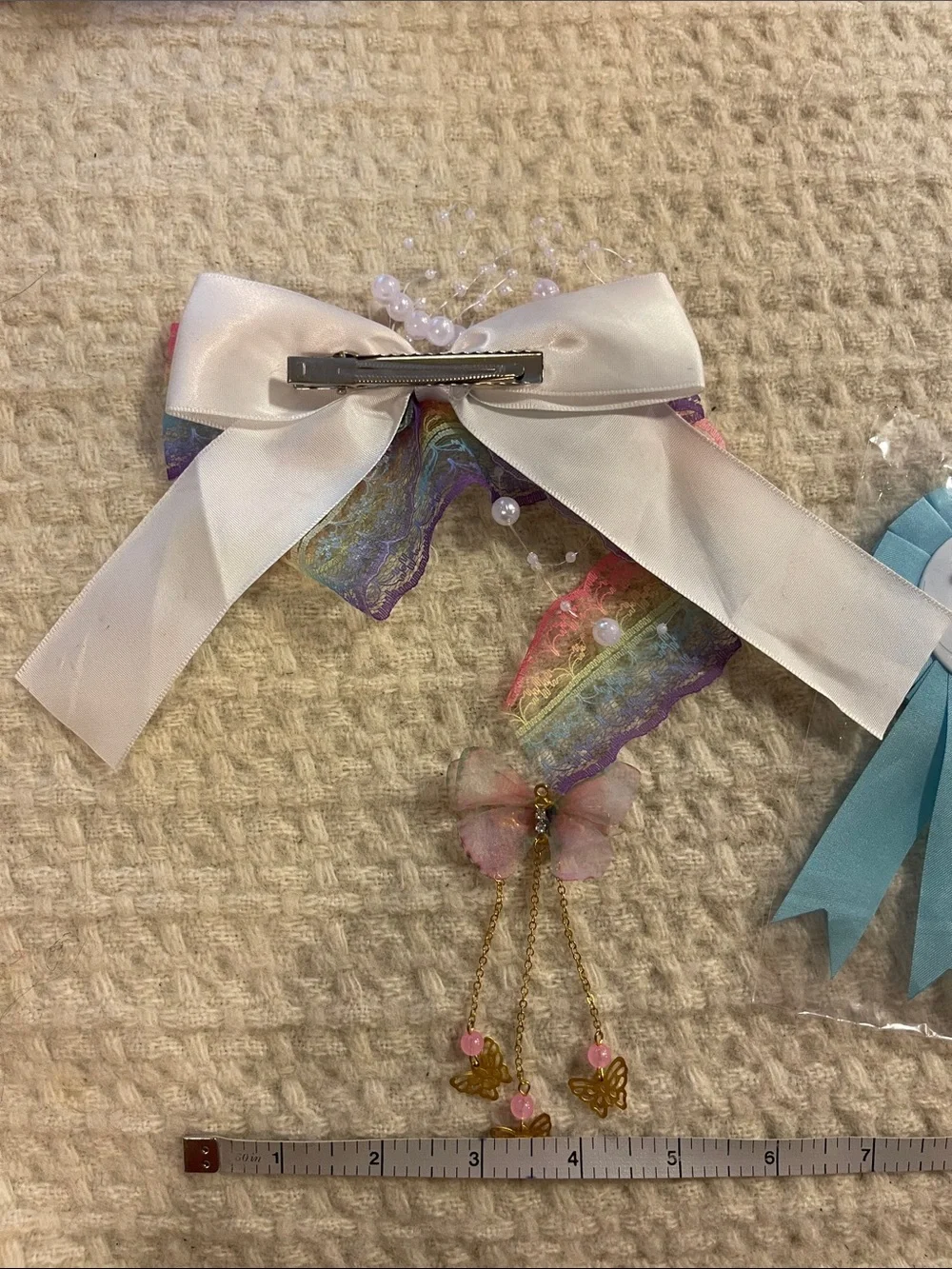 Rainbow Lace Bow Hair Clip with Pearl Accents
