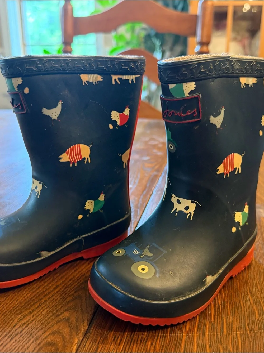 Joules Navy Blue Kids Farm Animal Rain Boots with Red Soles