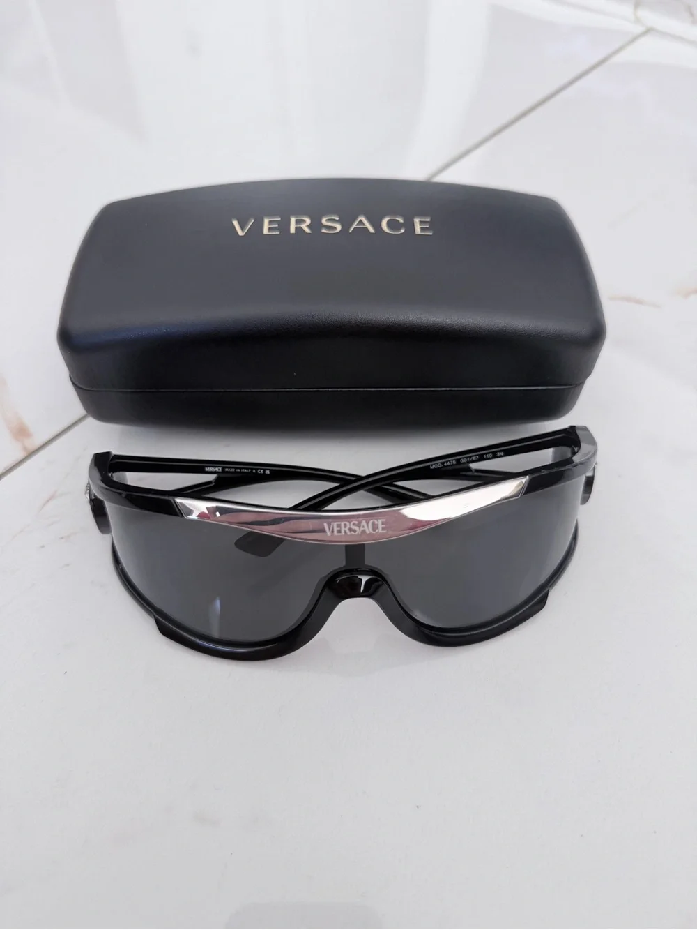 Versace Men’s Black Sunglass Shield with Silver Logo Bar