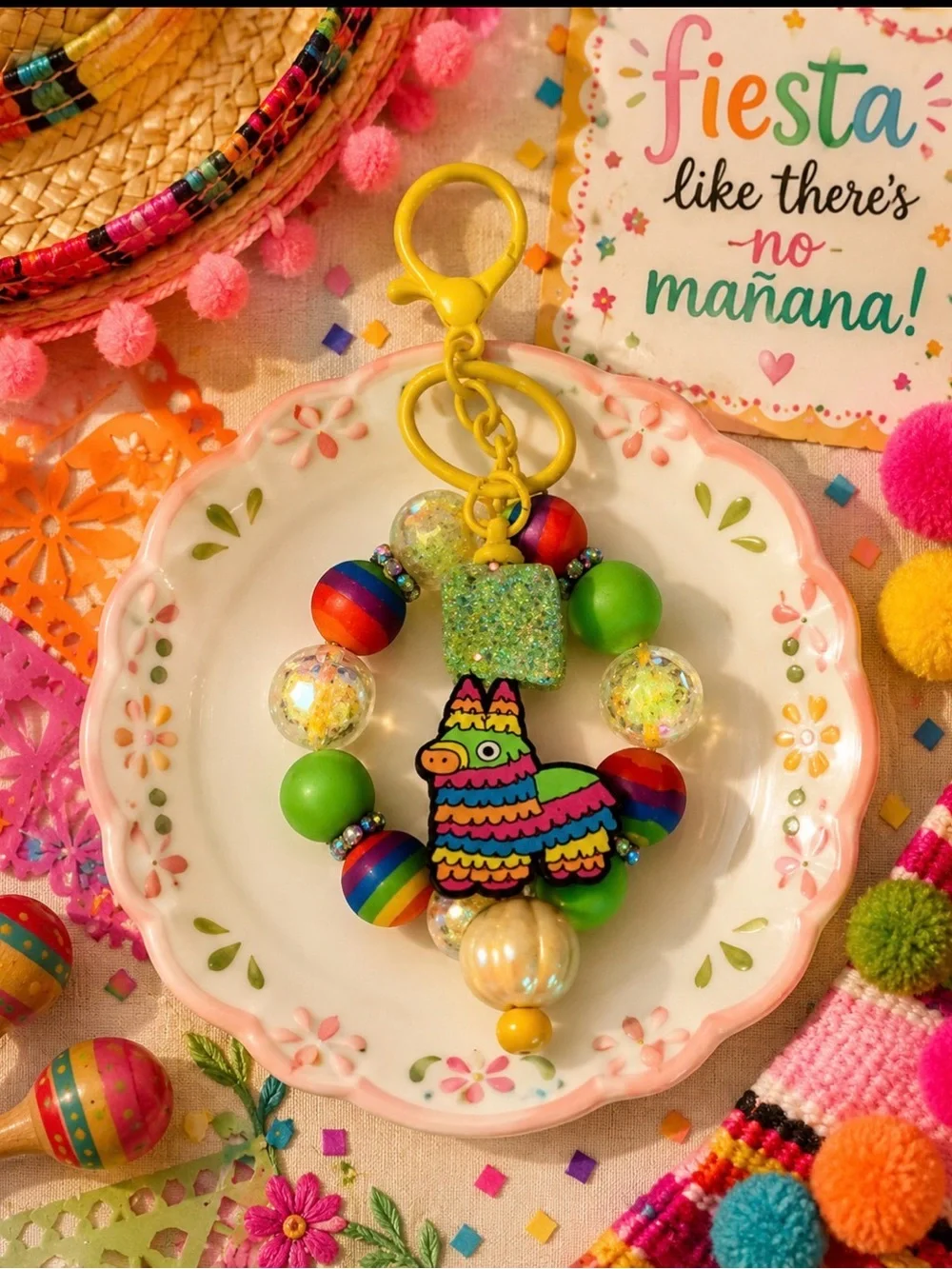 Handmade Multicolor Piñata Beaded Keychain- Cheerful Rainbow Charm