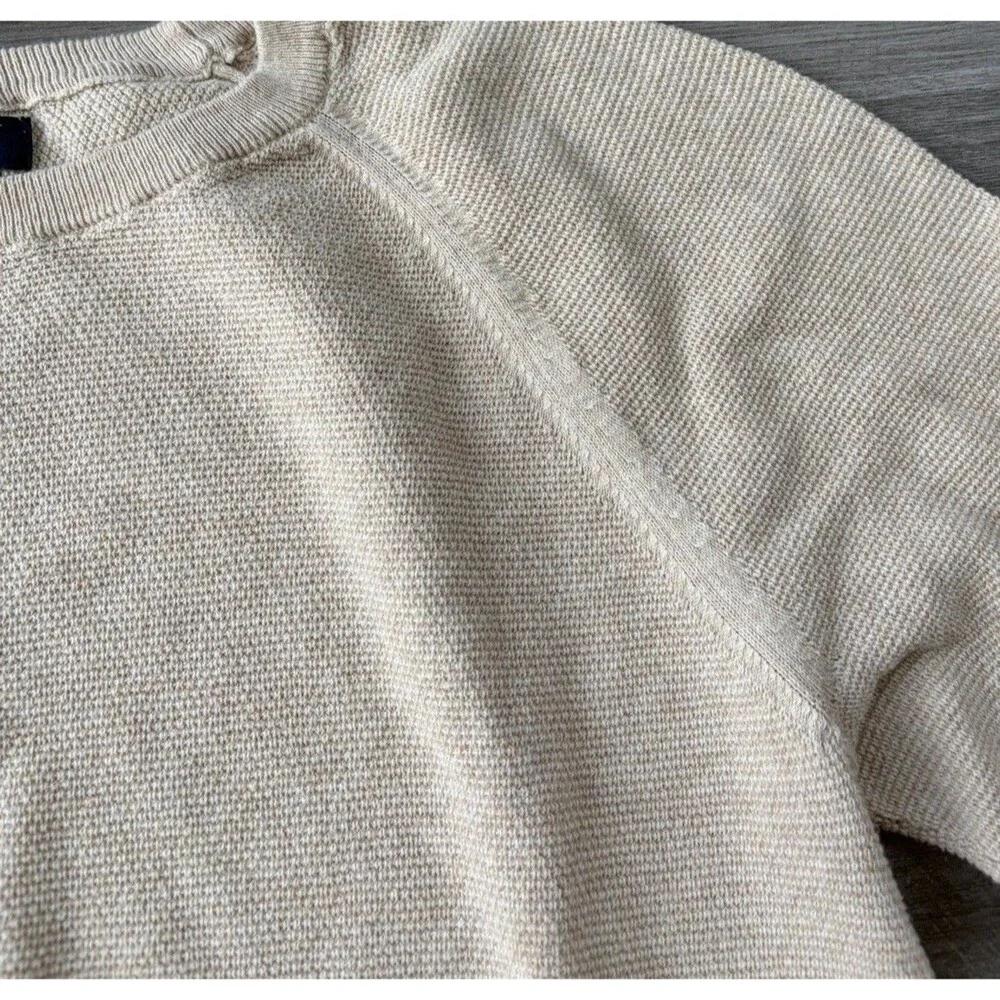 J Crew Mens Large Crewneck Sweater Beige Textured Knit Raglan Pullover Cotton L