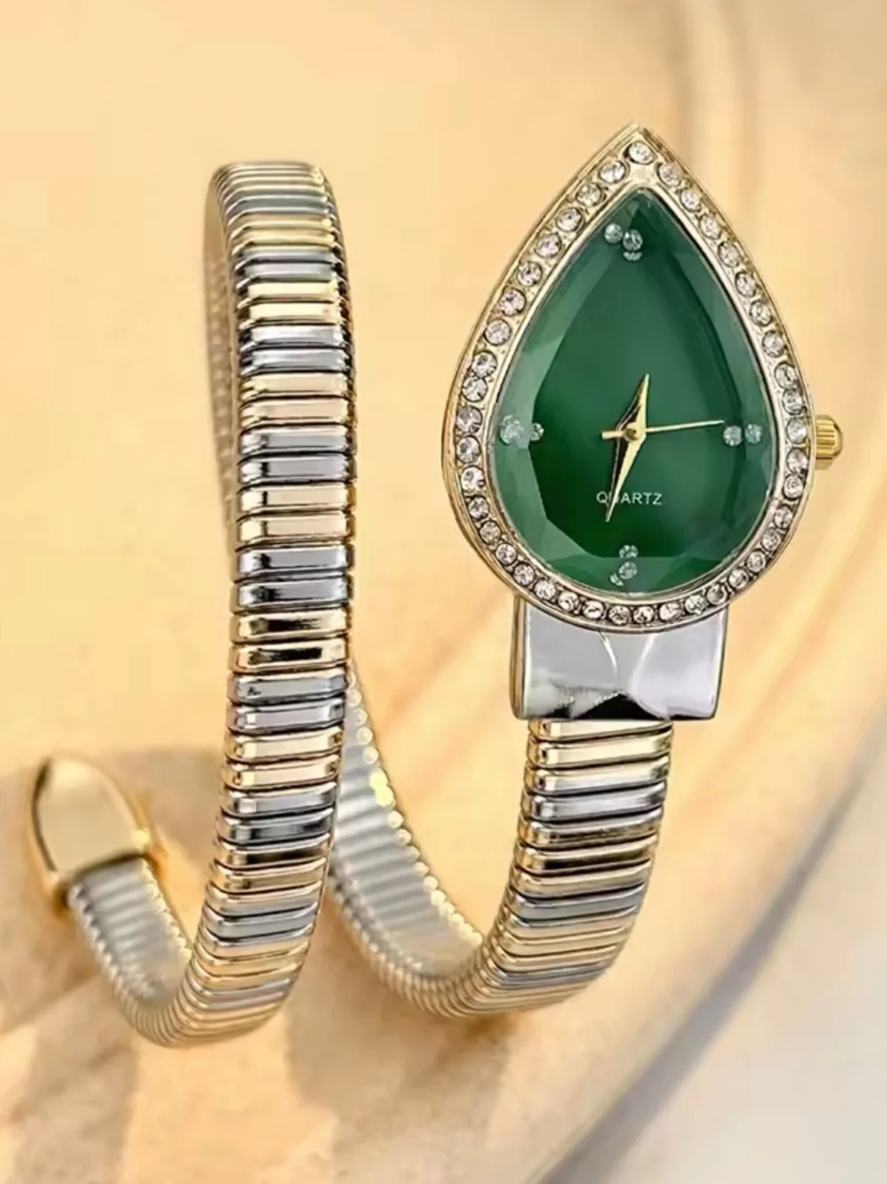 Serpent serpentine Gold & Silver Spiral Bracelet Watch with Green Teardrop Dial
