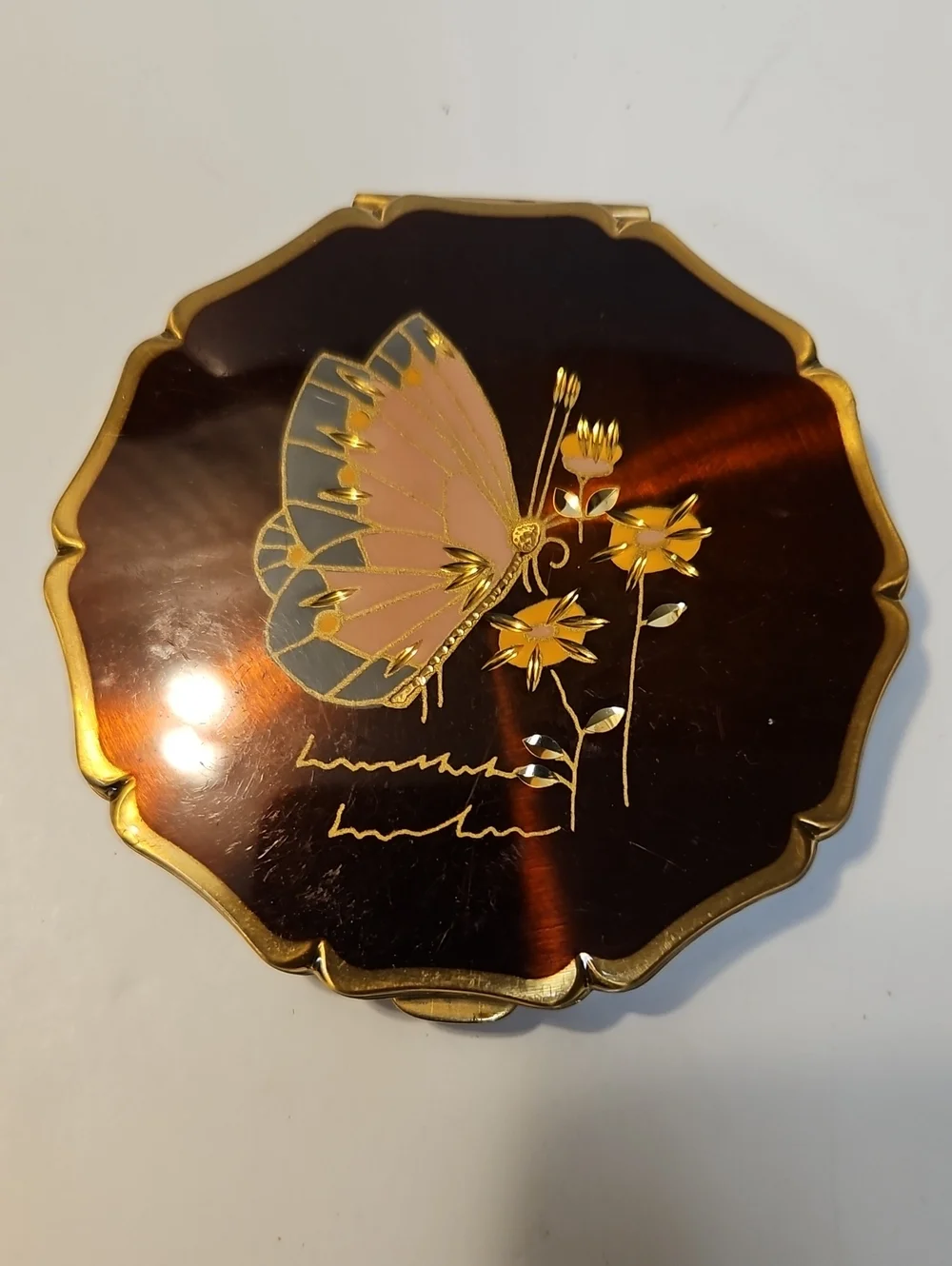 Stratton England Butterfly& Flowers Compact - Brown & Gold Enamel
