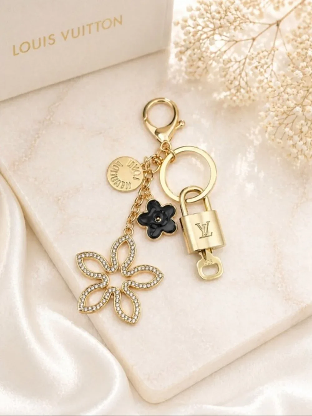 Authentic Louis Vuitton Gold Lock & Key 🔑 Bag Charm w/ Unbranded Flower Charm