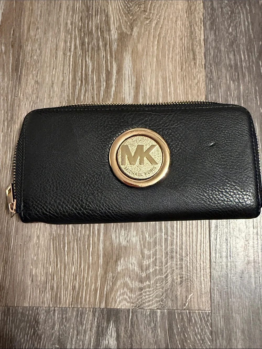 Michael Kors Black Leather Zip Wallet with Gold MK Emblem