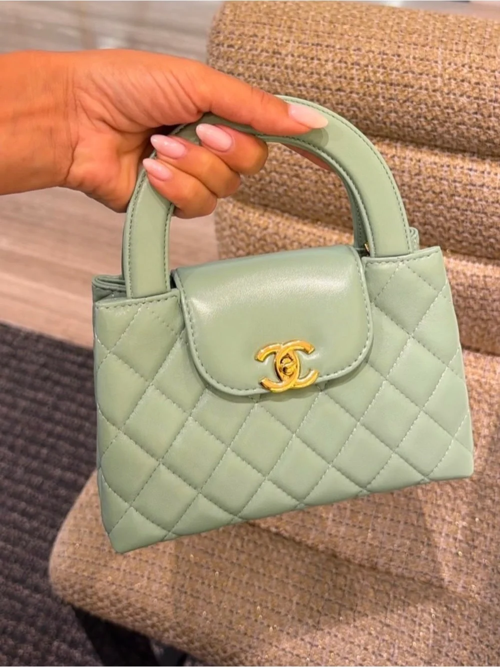 CHANEL Mint Green Quilted Mini Top-Handle Bag with Gold CC