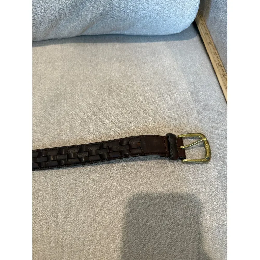 VTG Genuine Leather Belt Men‎ Brown Woven Braided Solid Brass Buckle Size 38