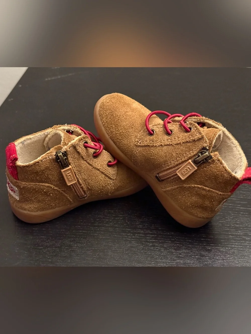 UGG Kids Chestnut Suede Walker Boots with Red Accents