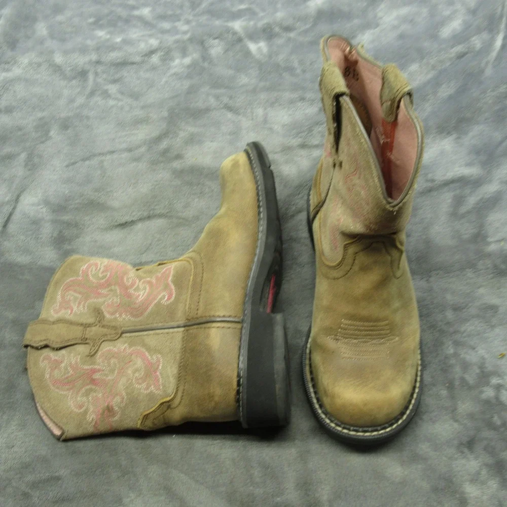 Ariat‎ Girls Boots 6 B Pink Embroidered Tan Leather Square Toe Fatbaby II Cowboy