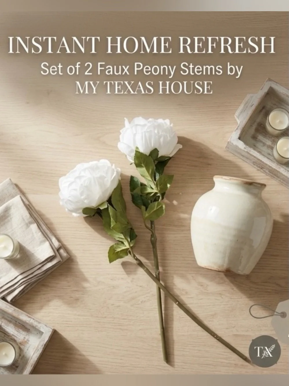 My Texas House White Faux Peony Stems - Set of 2