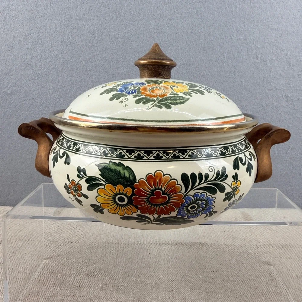 ASTA Enamelware‎ Floral Casserole Pot with Lid West Germany Brass Handles