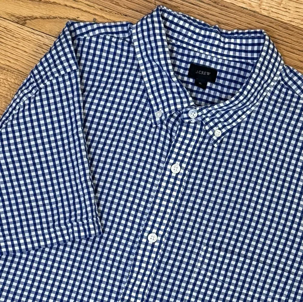 J Crew Seersucker Shirt Mens XL Blue Gingham Check Short Sleeve Button Down