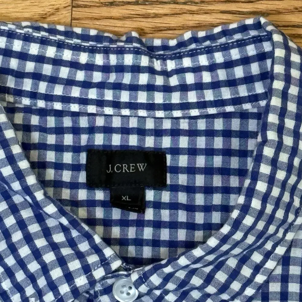 J Crew Seersucker Shirt Mens XL Blue Gingham Check Short Sleeve Button Down