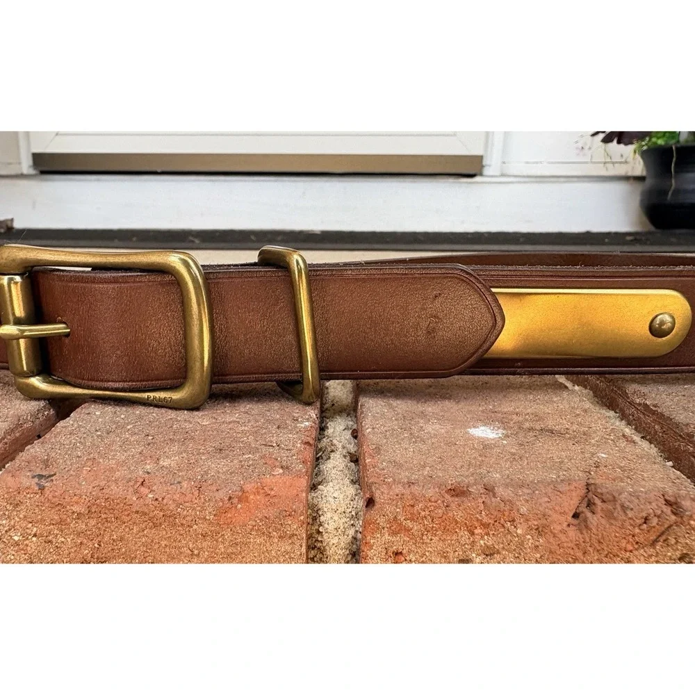 Polo Ralph Lauren Brown Leather Belt Brass Nameplate Plaque Buckle Men's 38