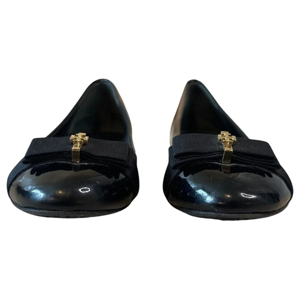 Tory Burch Trudy Patent Leather Ballet Flats Black Bow Logo Size 8.5