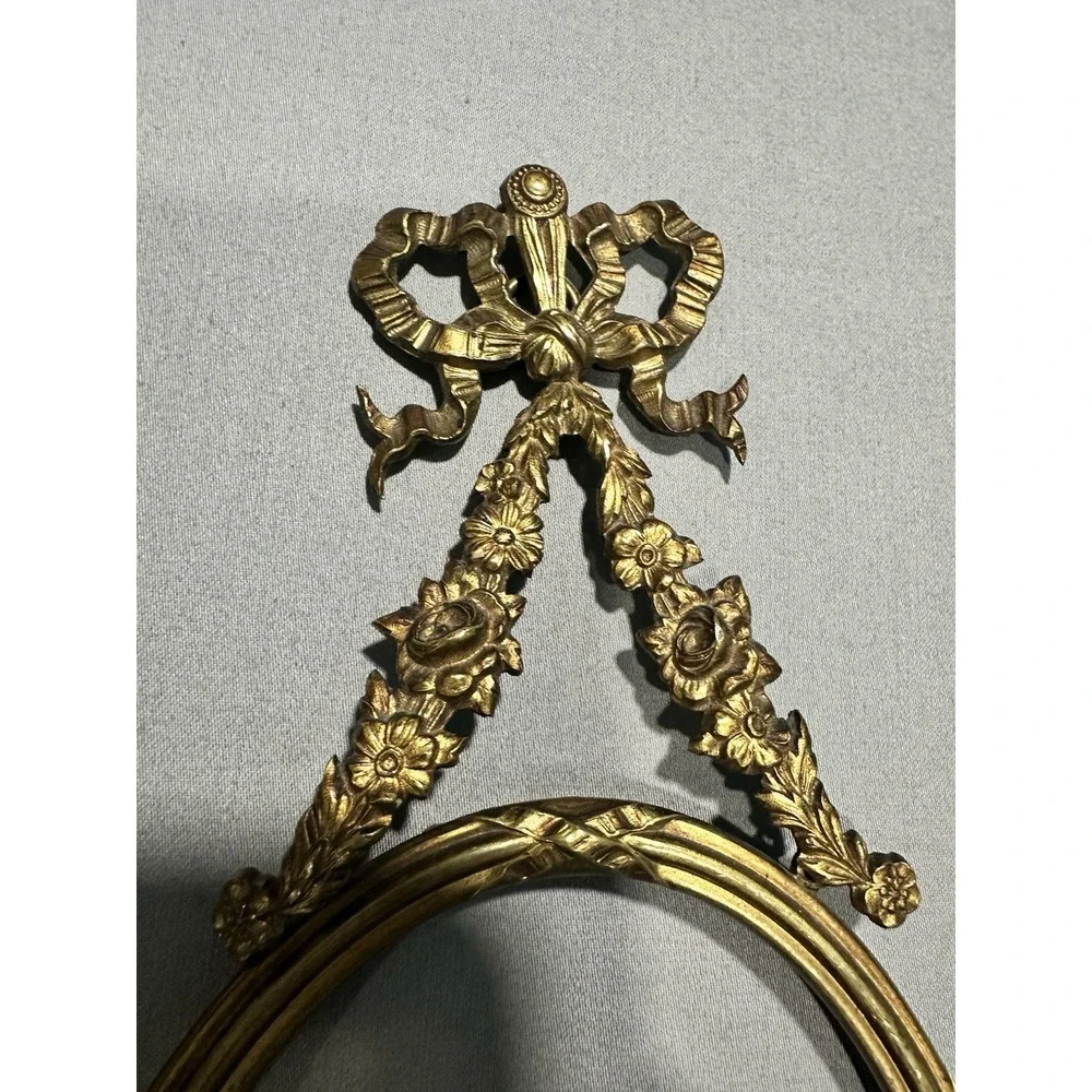VTG Louis XVI 19th Century Brass Oval Frame Ornate Ribbon