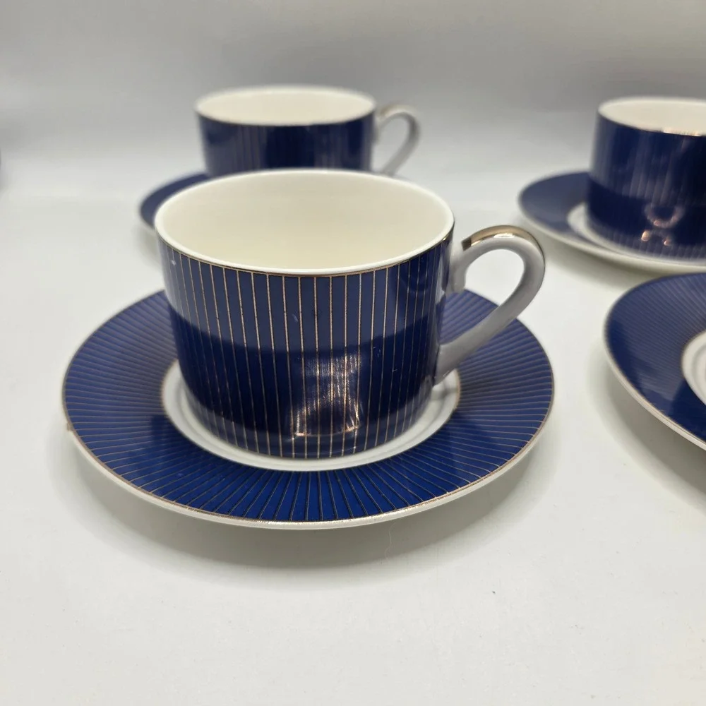 Cobalt Blue‎ Gold Pinstripe Tea Cup & Saucer Set 4 Fine Porcelain Tea Party