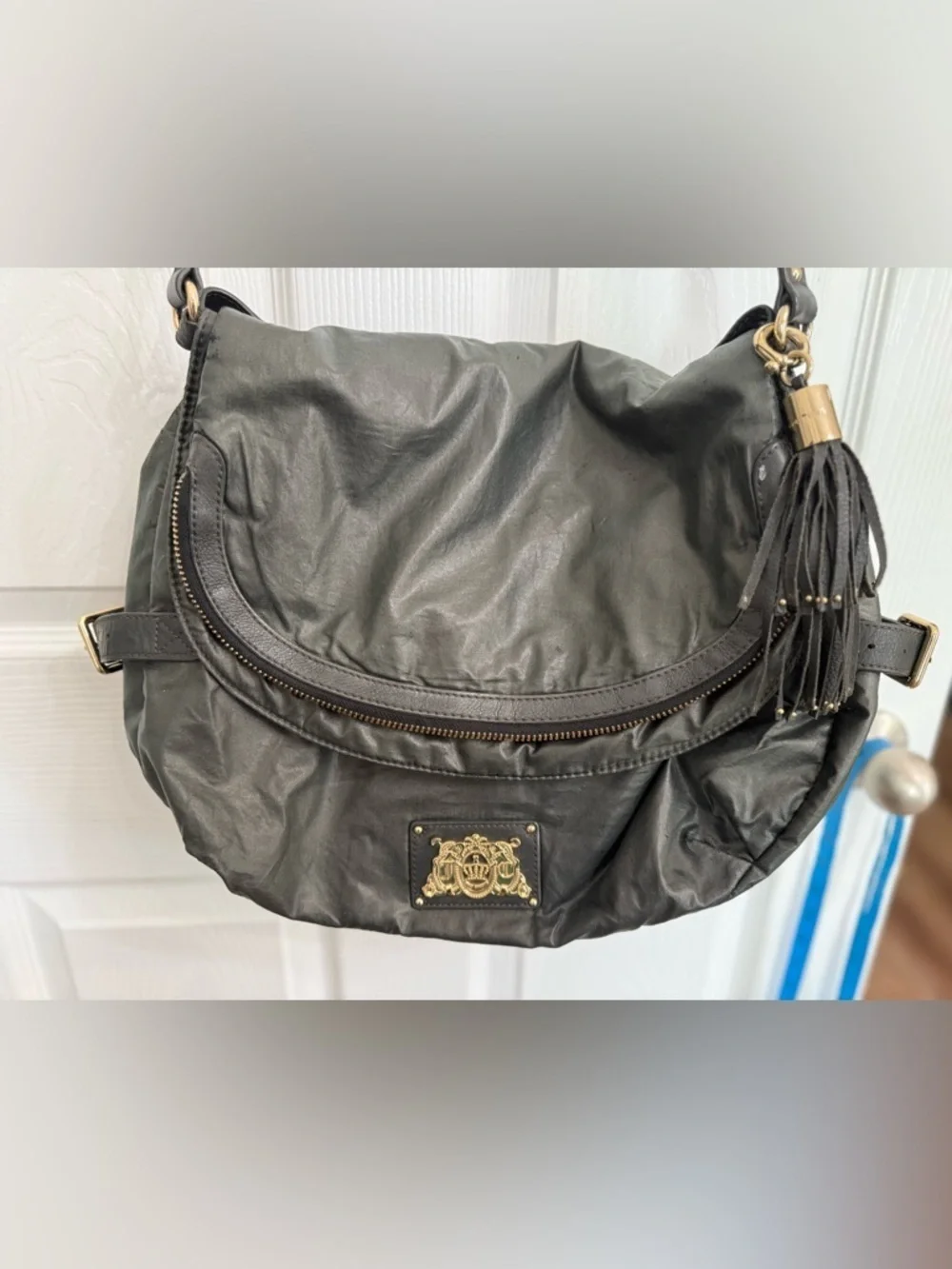 Juicy Couture Dark Olive Green Slouchy Hobo Bag Gold Crest Tassel Y2K Boho