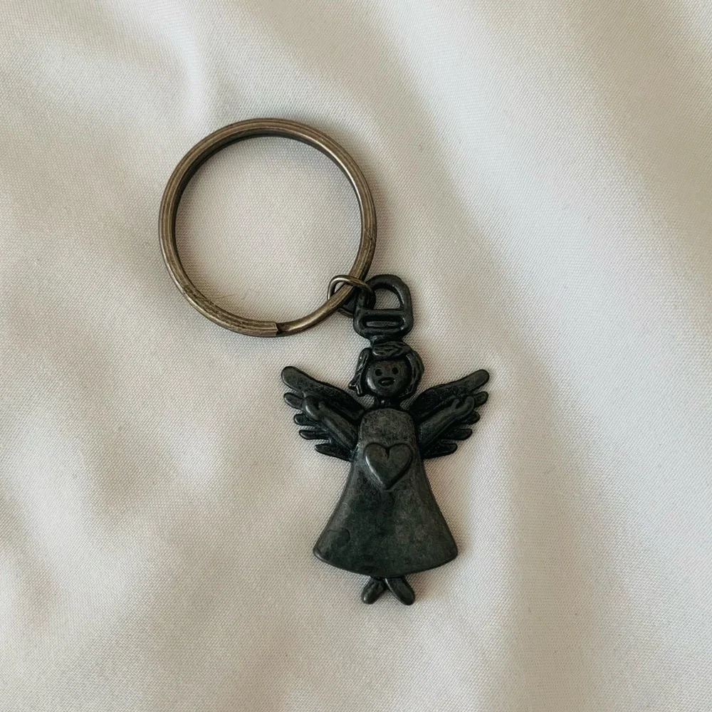 Vintage Dark Silver Angel Girl Heart Charm Keychain