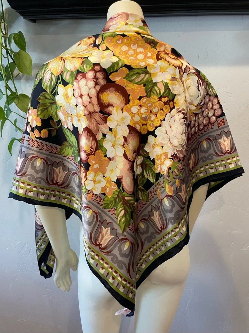 Pristine vintage 100% silk Floral Fruit Print Scarf - Yellow, Green, Black