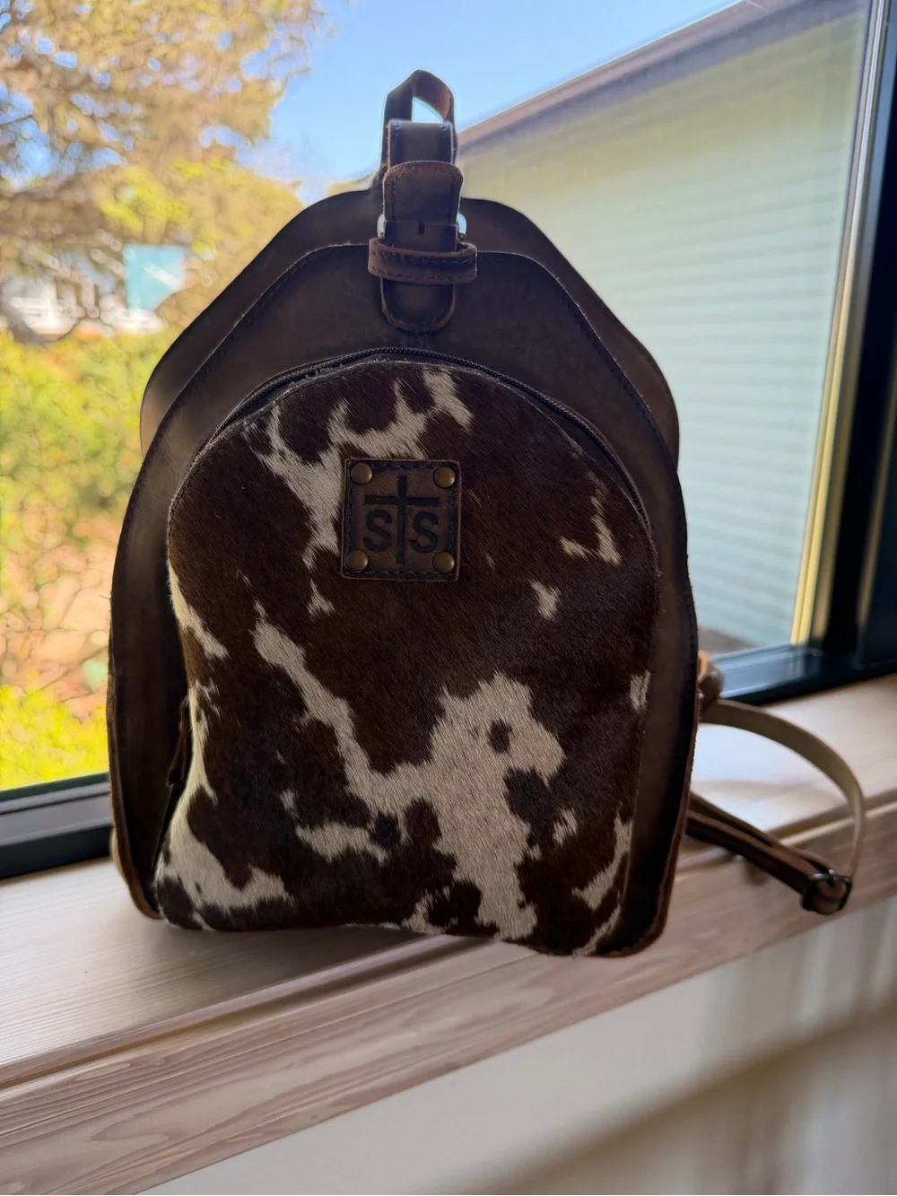 STS Ranchwear Brown Leather and Brown/White Cowhide Mini Backpack
