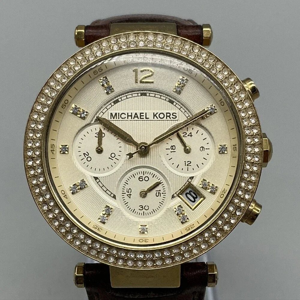 Michael Kors Parker MK-2249 Womens Watch 39mm Gold Tone Chronograph New Battery