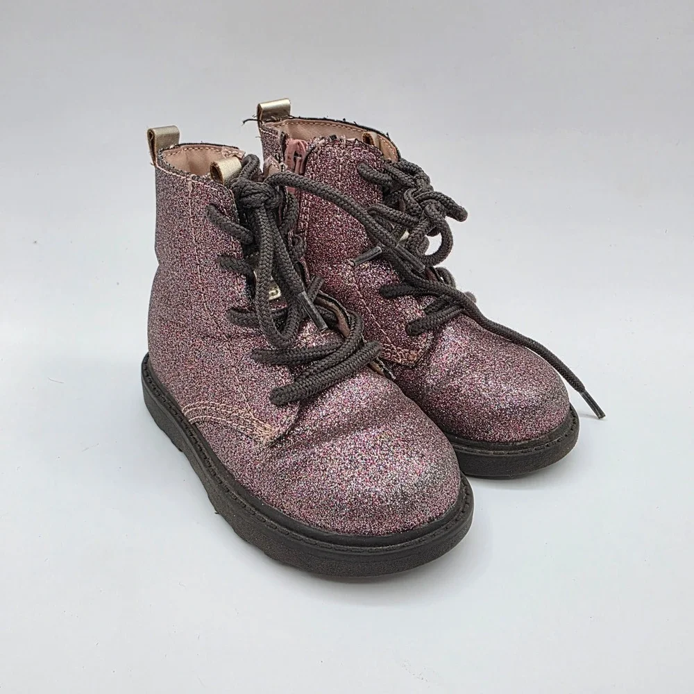 Carters Zola Pink Glitter Lace Up Side‎ Zip Combat Boots Girls Size 7M CF21N04B
