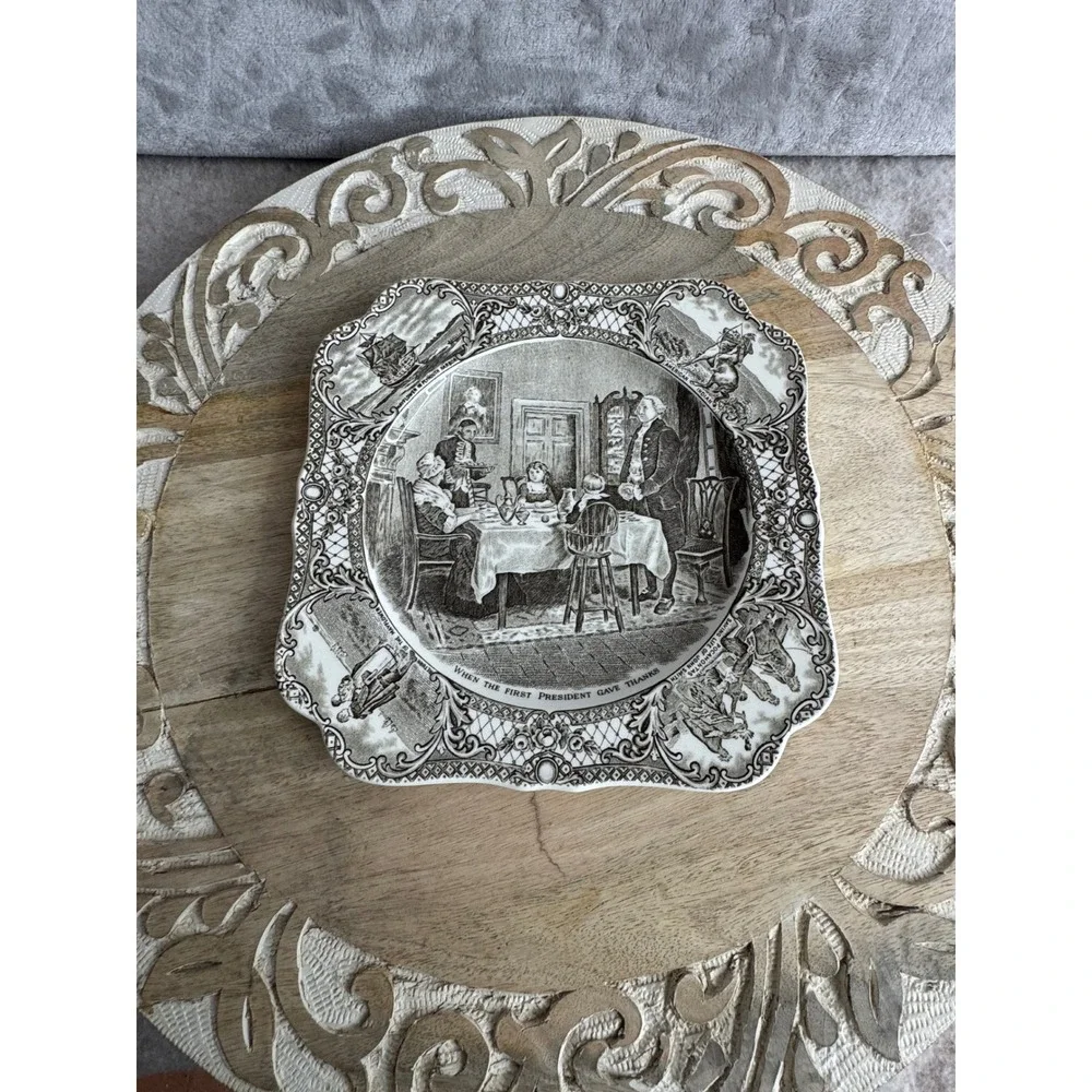 Crown Ducal Colonial Times Plate‎ First President Gave Thanks Brown Transferware