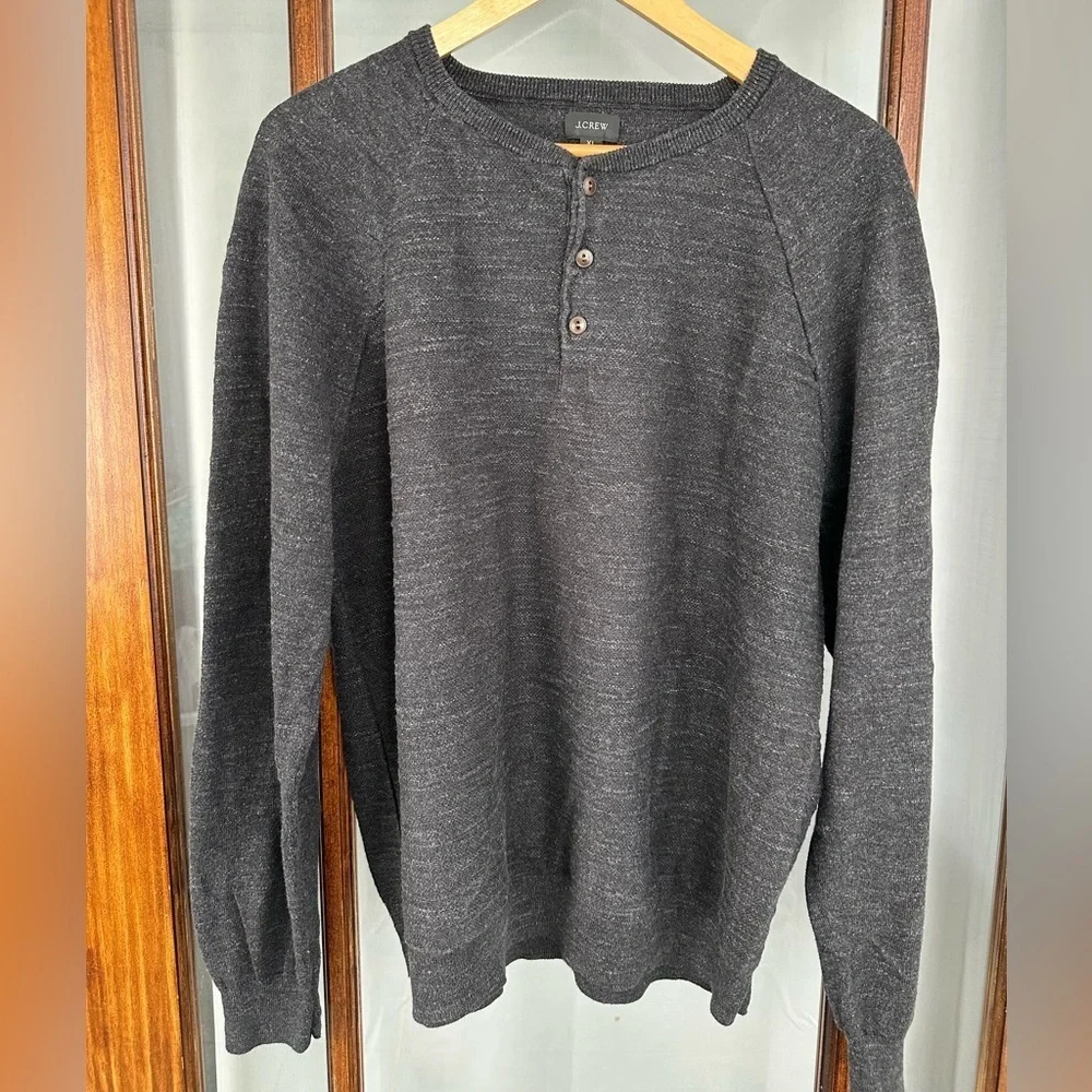 J Crew Henley Cotton Mens XL Long Sleeve Gray Pullover Knit Sweater Outdoor‎