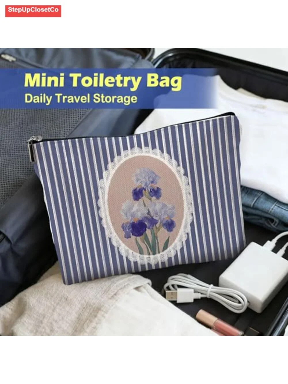 Floral Cosmetic Bag with Zipper, Linen Look Makeup Pouch, Travel Toiletry