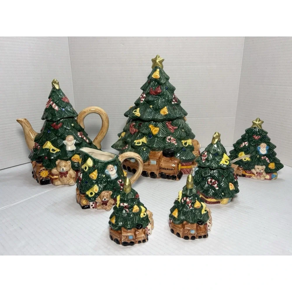 RARE! Vintage 1995 Jay Import Christmas Tree Tea Teapot‎ Creamer Cookie Jar Set