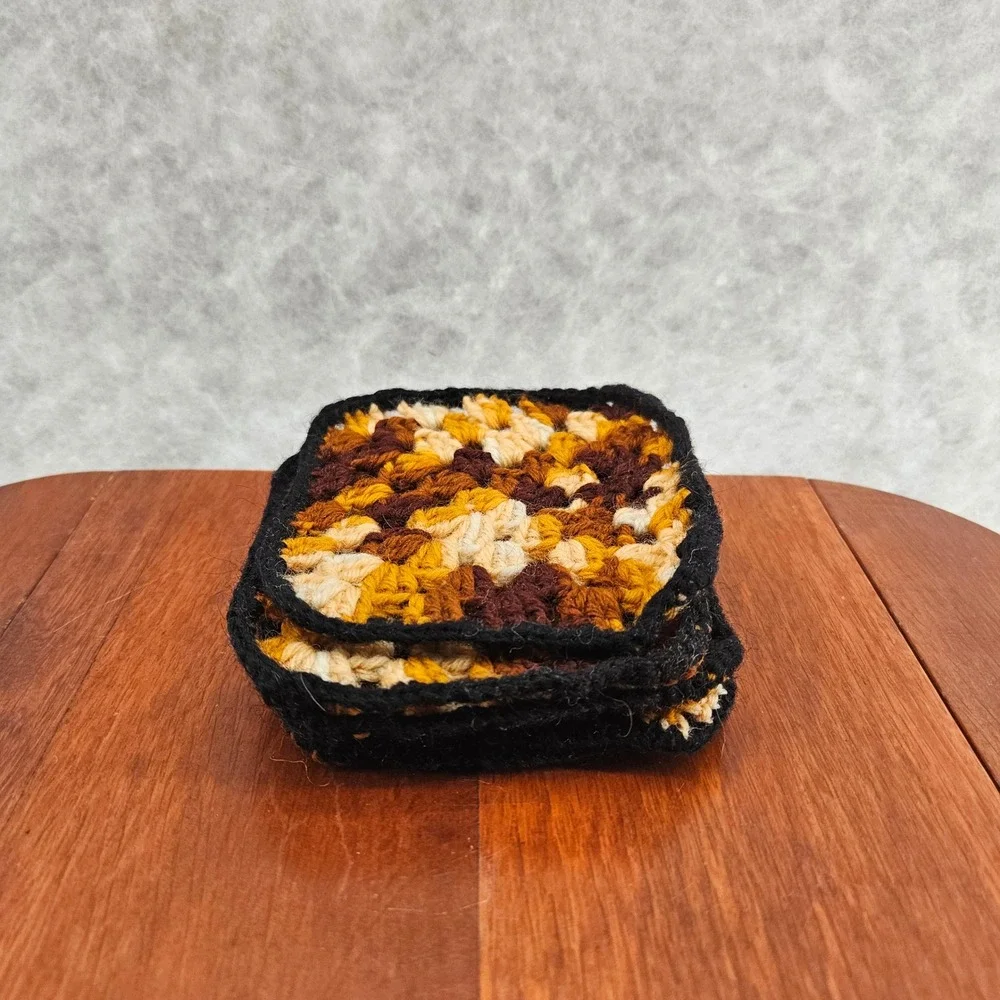 Handmade Crochet Coasters Set‎ of 5 Brown Yellow Black orange Drink Coasters