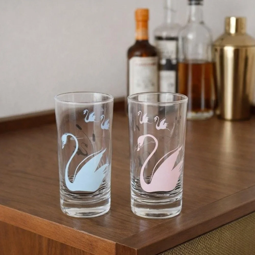 Vintage MCM Swan Highball Glasses Set of 2 Pink Blue Black Pastel‎ Barware