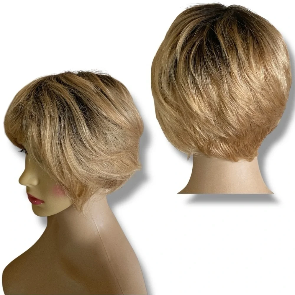Honey Blonde Tapered Pixie Bob Dark Roots Synthetic Wig Feminine One Size Chic